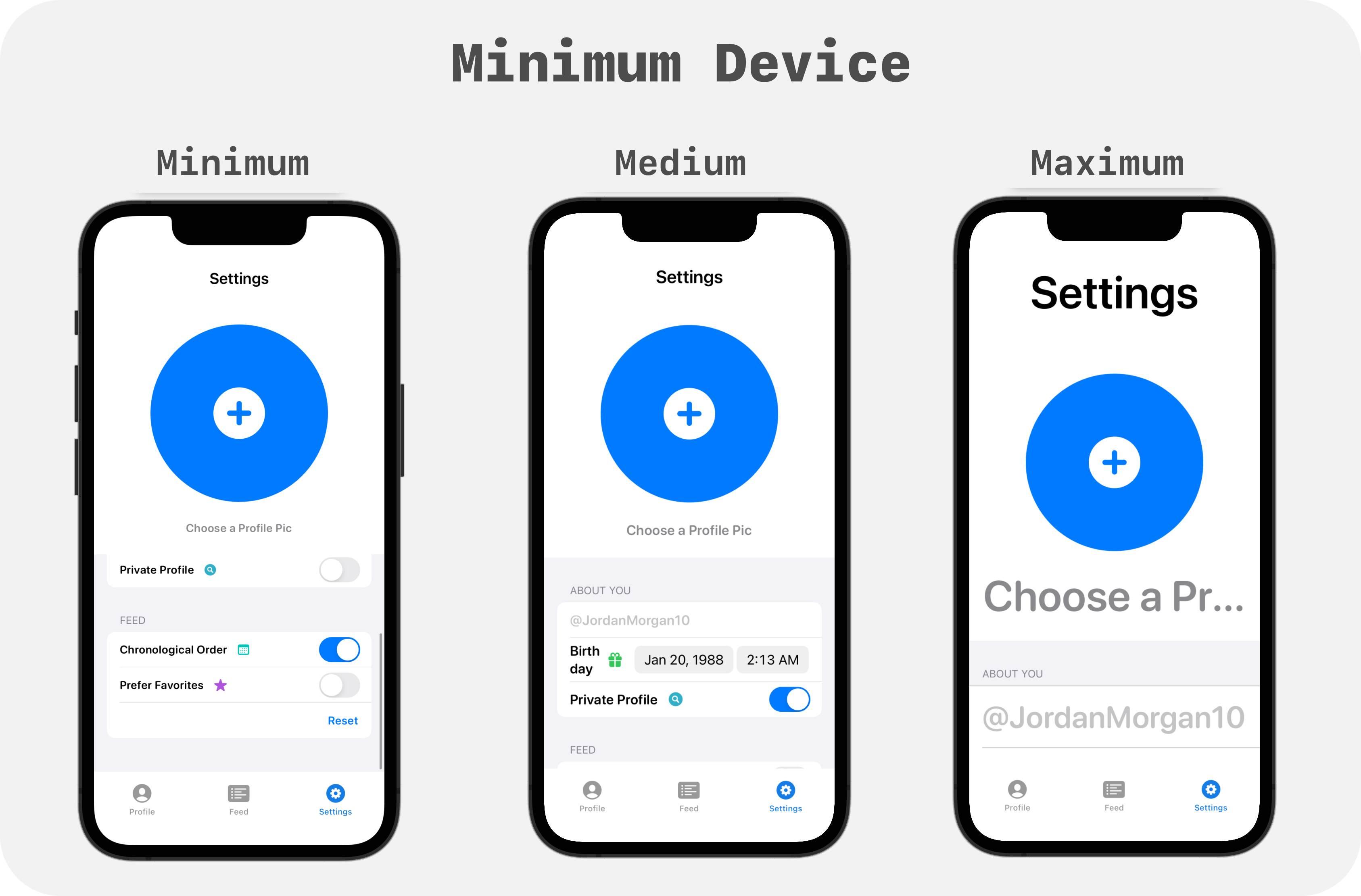 The design of a sign up form running on an iPhone 13 Mini with three different Dynamic Type settings being used. One small, medium and very large.