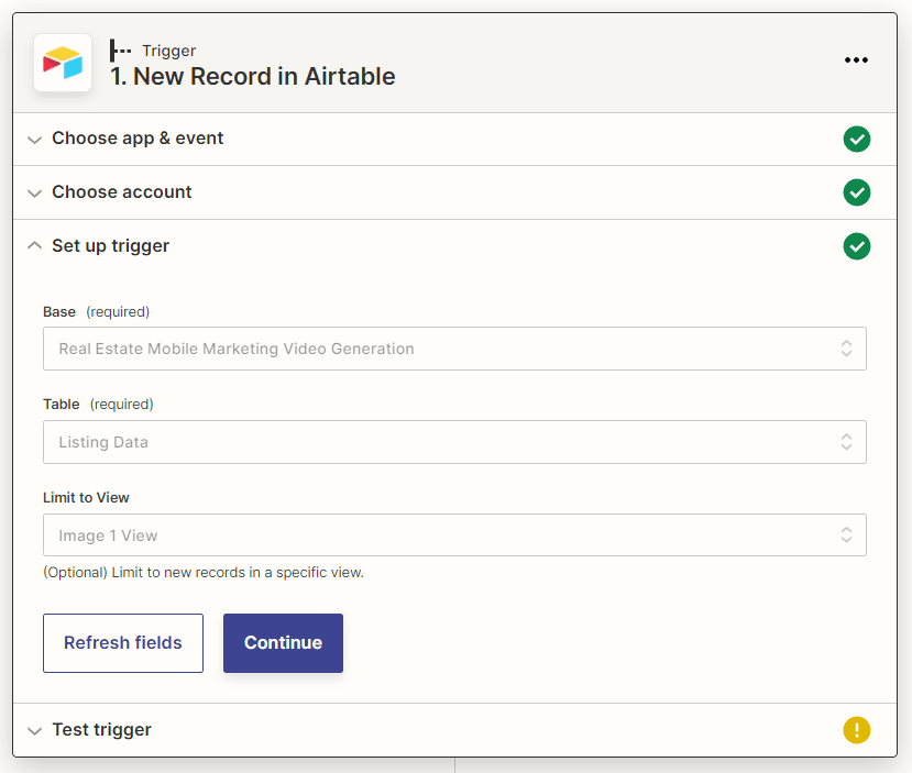 Screenshot of Zapier Airtable new record trigger with base table view specifications