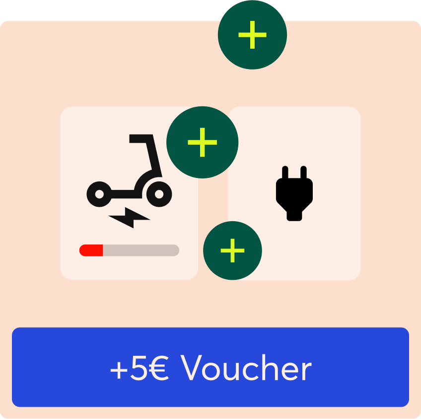 Graphic of five euro voucher pricing display below icons of kickscooters and a charger with two plus icon signs.