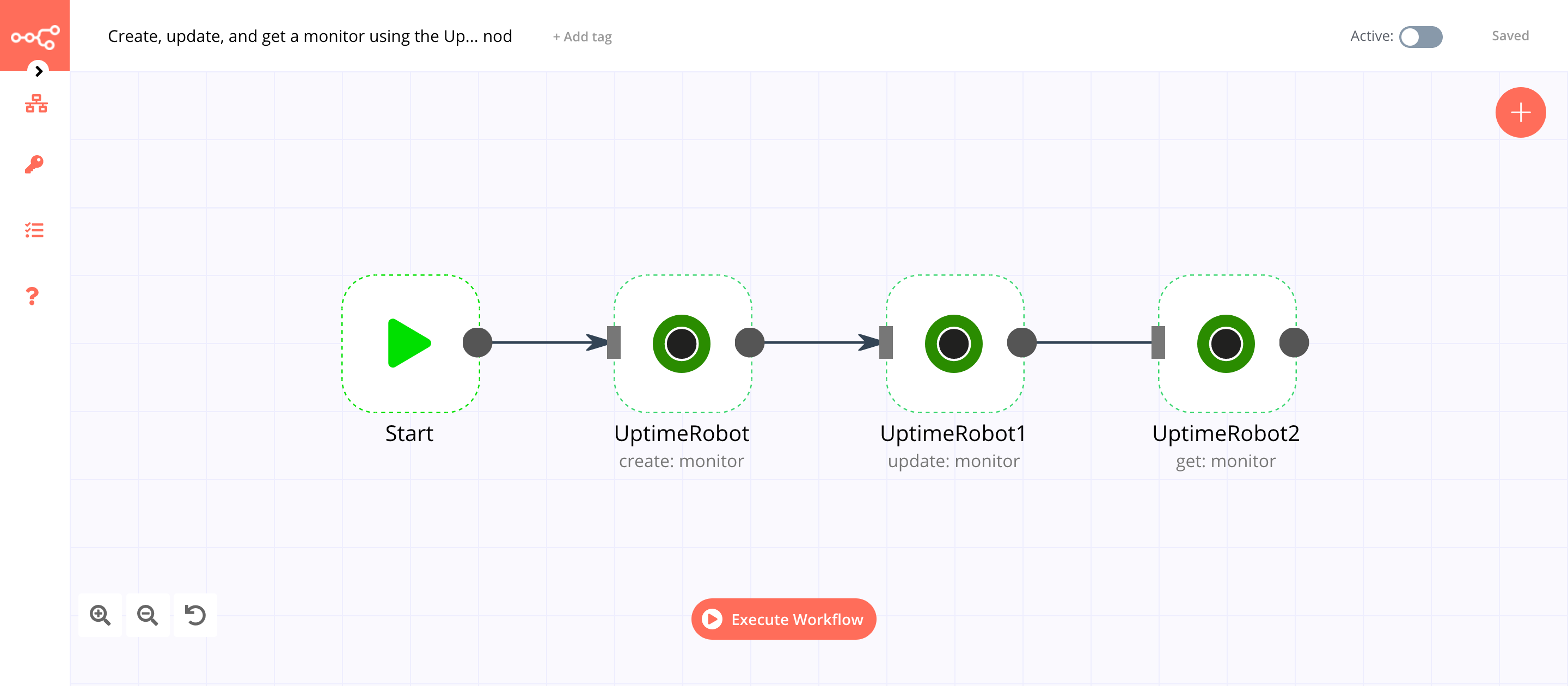 A workflow with the UptimeRobot node