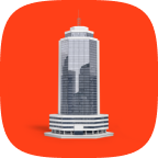 A corporate skyscraper on red background
