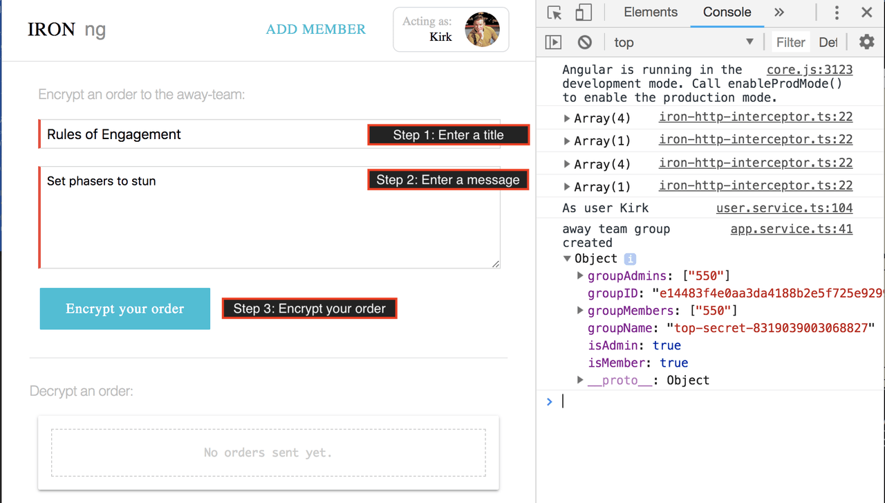 Screenshot of angular app showing Kirk entering an order: Set phasers to stun Screenshot of angular app showing Kirk entering an order: Set phasers to stun