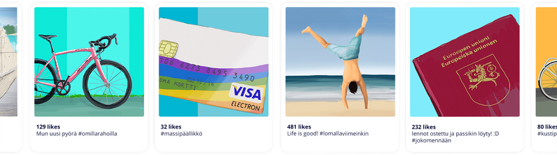 Social media-inspired cards from the Money Master game presented in a row