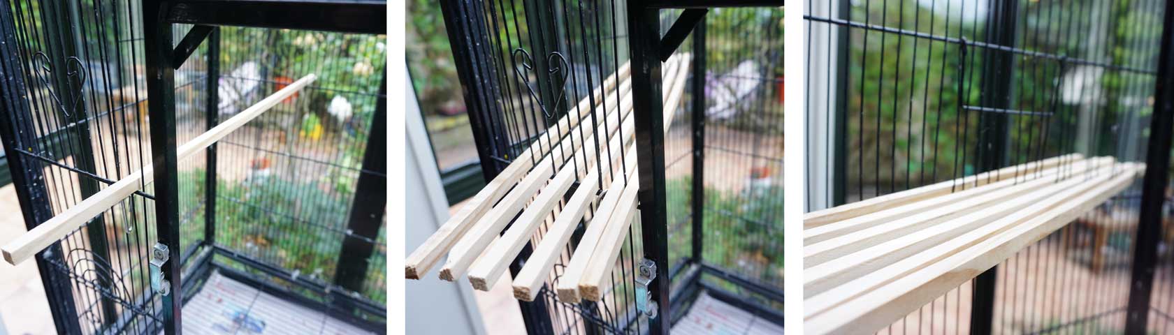 Wooden pieces secured between cage bars