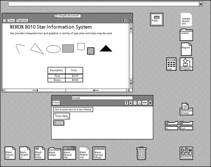 The desktop user interface of the Xerox 8010 Star Information System
