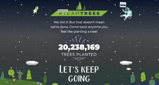 #TeamTrees screenshot from website showing over 20,000,000 trees.