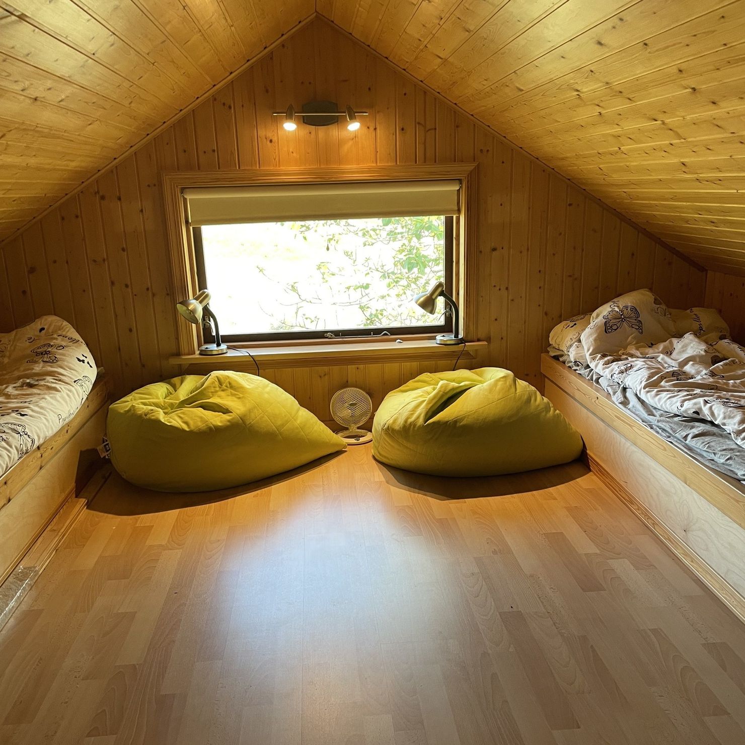 Perfect for children. Converted attic with 2 beds and cosy beanbags