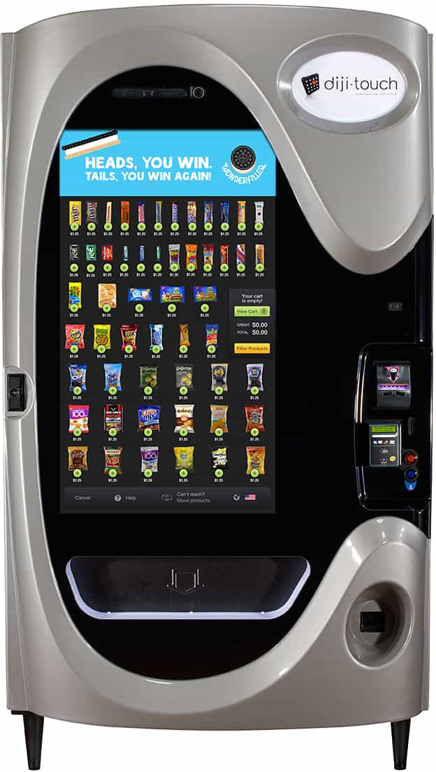 // Product grid shown in a Diji Touch machine, followed by product detail and vending screens (1 of 3)