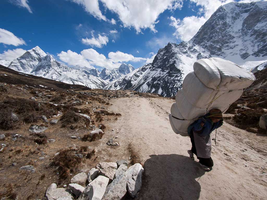 A Himalayan sherpa porter carries a large load uphill