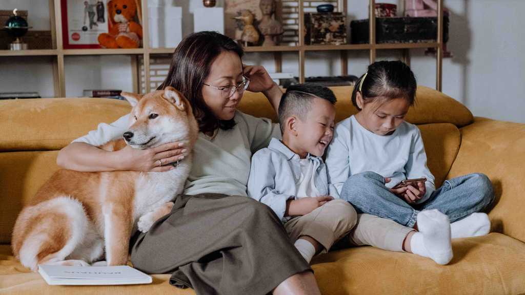 Uno Shiba Inu insieme ad una famiglia con bambini