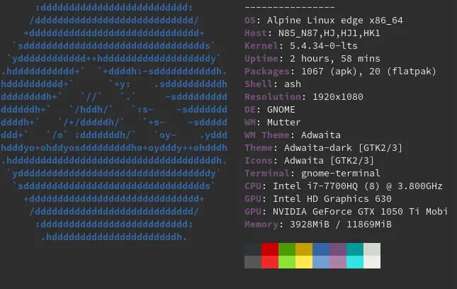 A neofetch screenshot of Alpine Linux