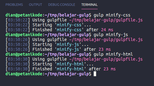 Minify html css dan js dengan gulp