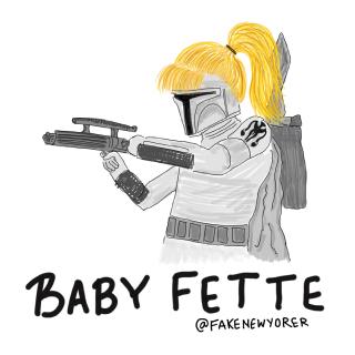 A mandelorian aims a laser, their blonde hair flowing out of their helmet. It&rsquo;s Baby Fette
