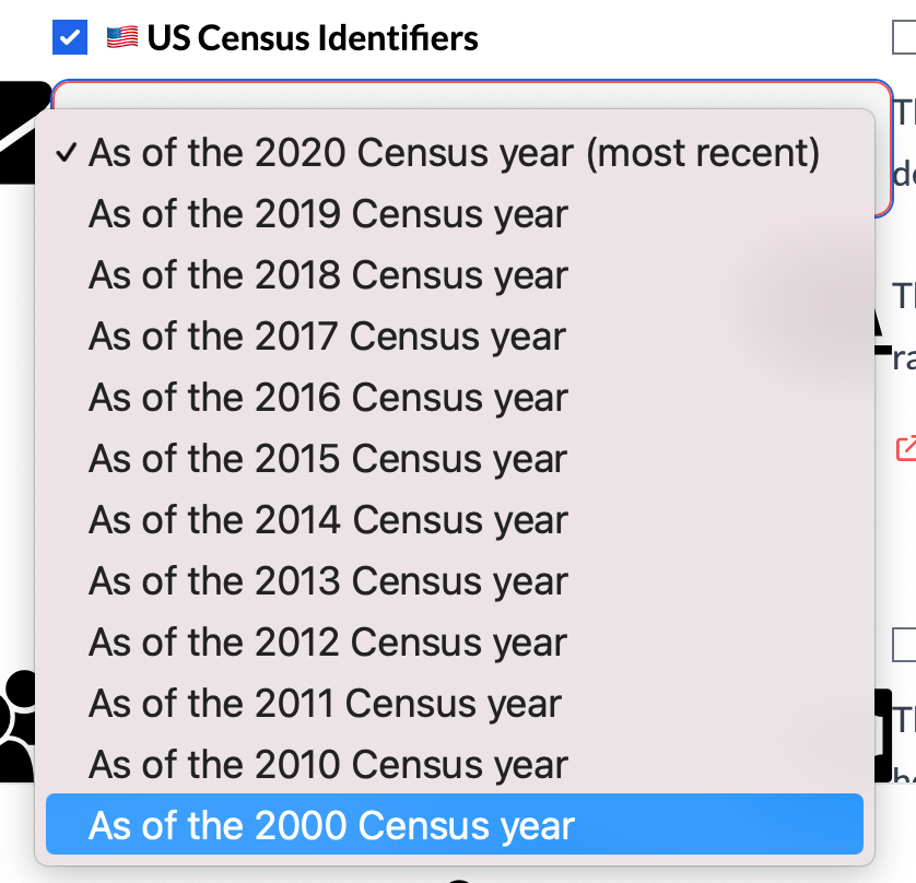 Screenshot showing adding 2000 Census year boundaries to addresses or coordinates
