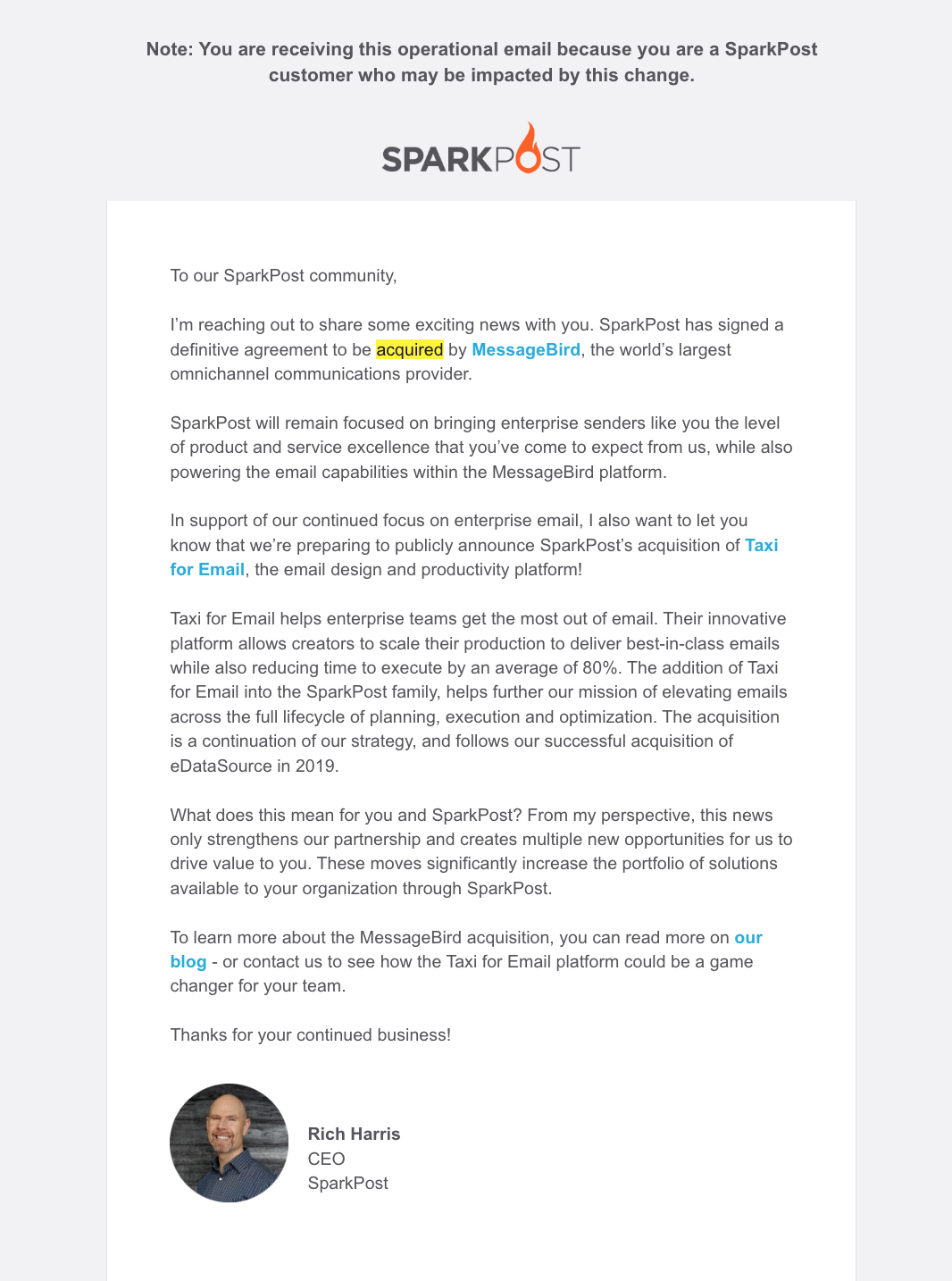 SaaS Company Acquisition Announcement Emails: Screenshot of Sparkpost's announcement email when they got acquired by MessageBird