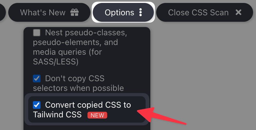 The location of the option that you have to turn on on CSS Scan to be able to convert HTML and CSS elements to Tailwind CSS
