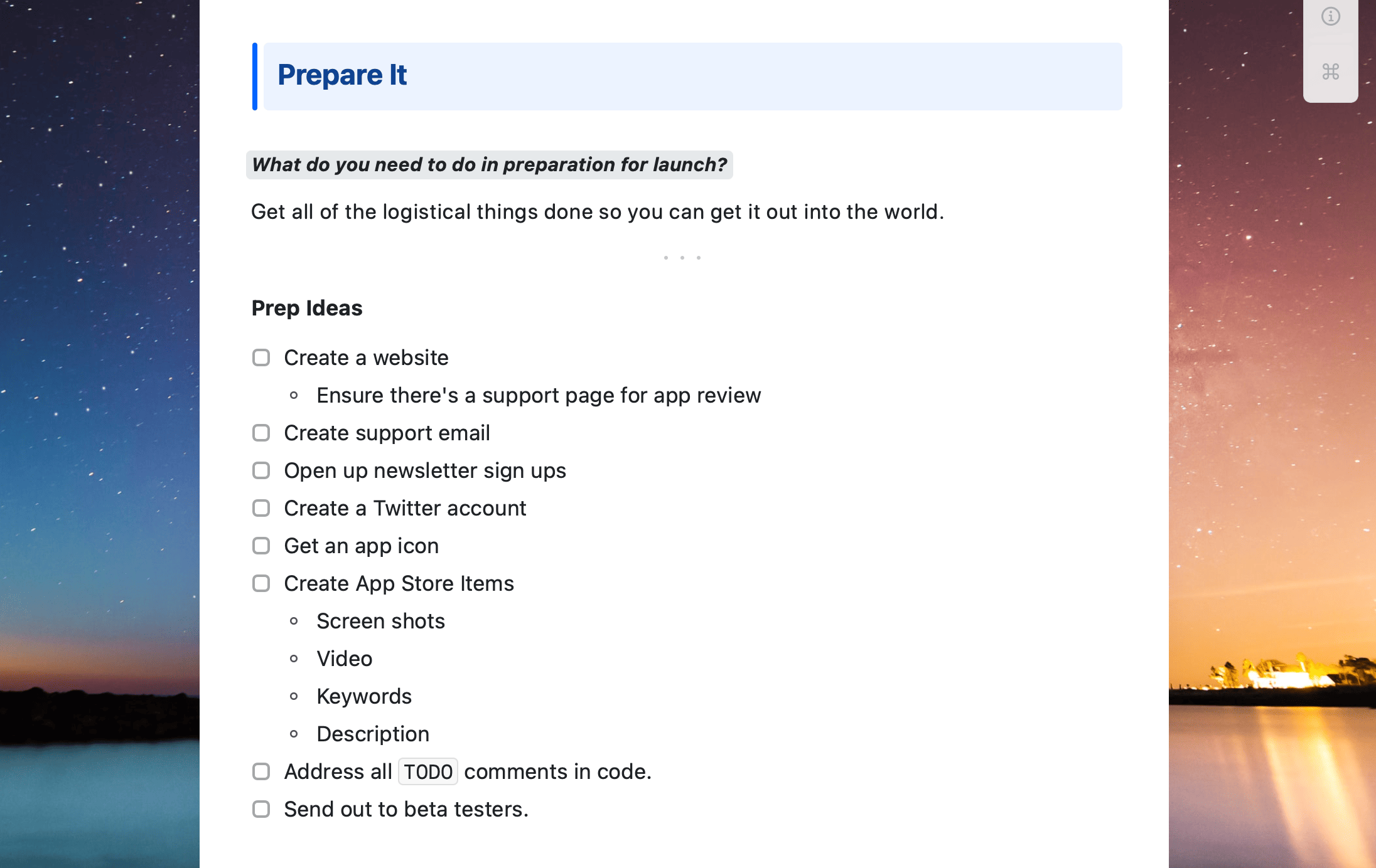 Craft Docs template showing a guide to researching iOS apps.