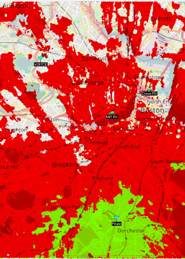 pirate FM translator interference map with interference in red and coverage in green.