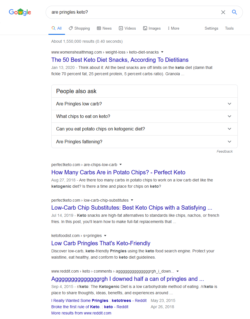 Google search result for 'are pringles keto?'