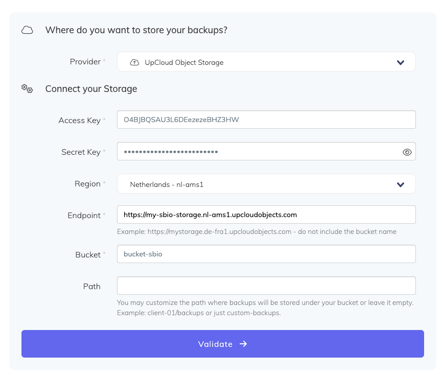 Connect UpCloud storage to SimpleBackups