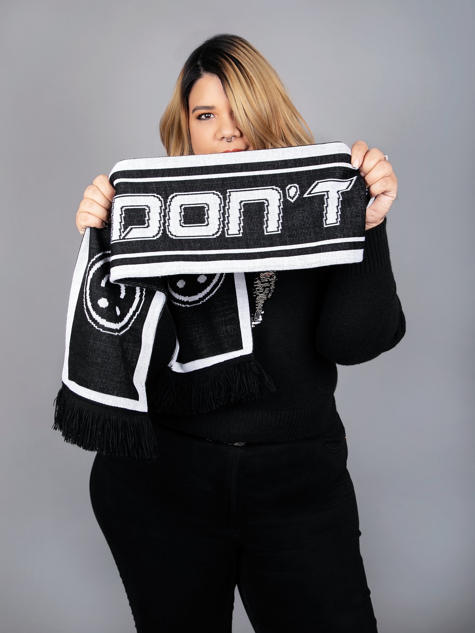 Sarah wearing the Don't Talk To Me Scarf