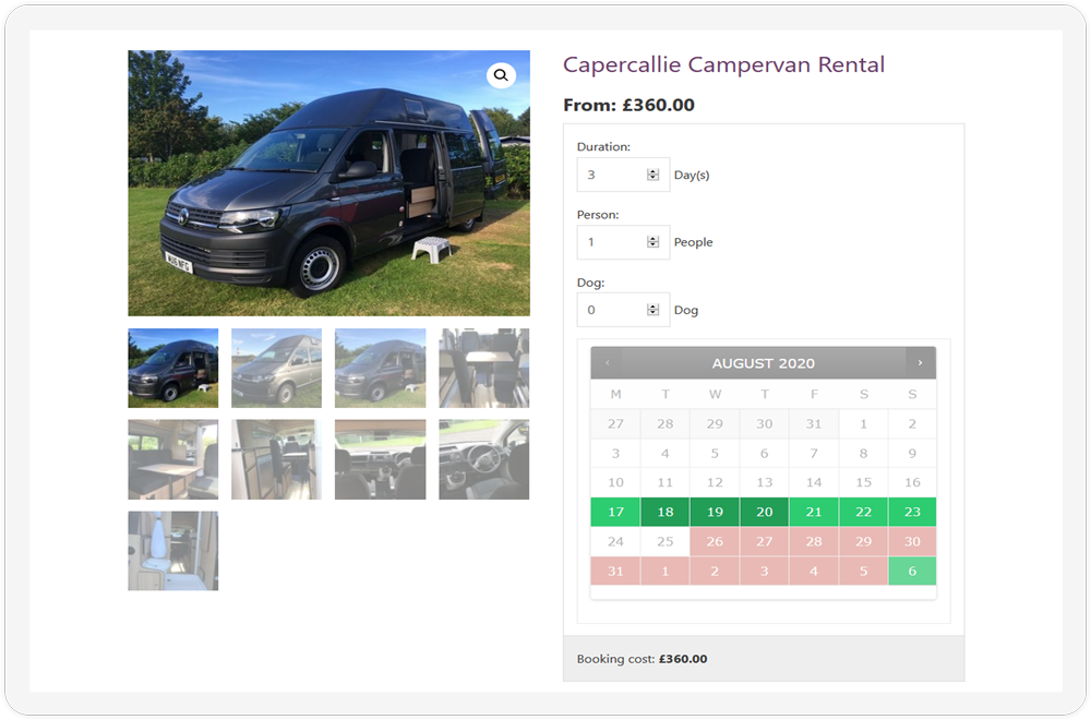 The booking page of the Camperceilidh website