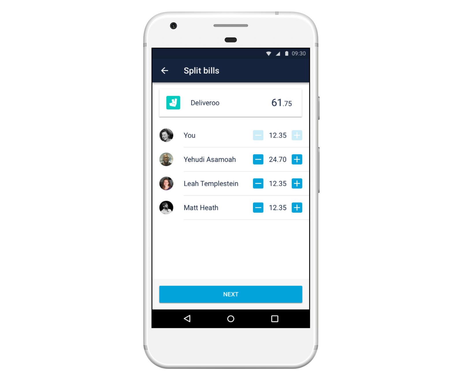 Screen showing getting a takeaway from Deliveroo, then using a Shared Tab to split the cost between housemates, where one housemate is paying for two people