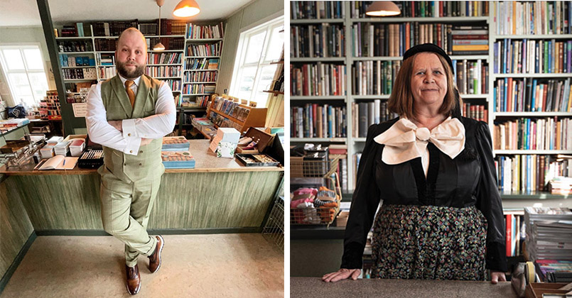 two photos of booksellers inside the shop