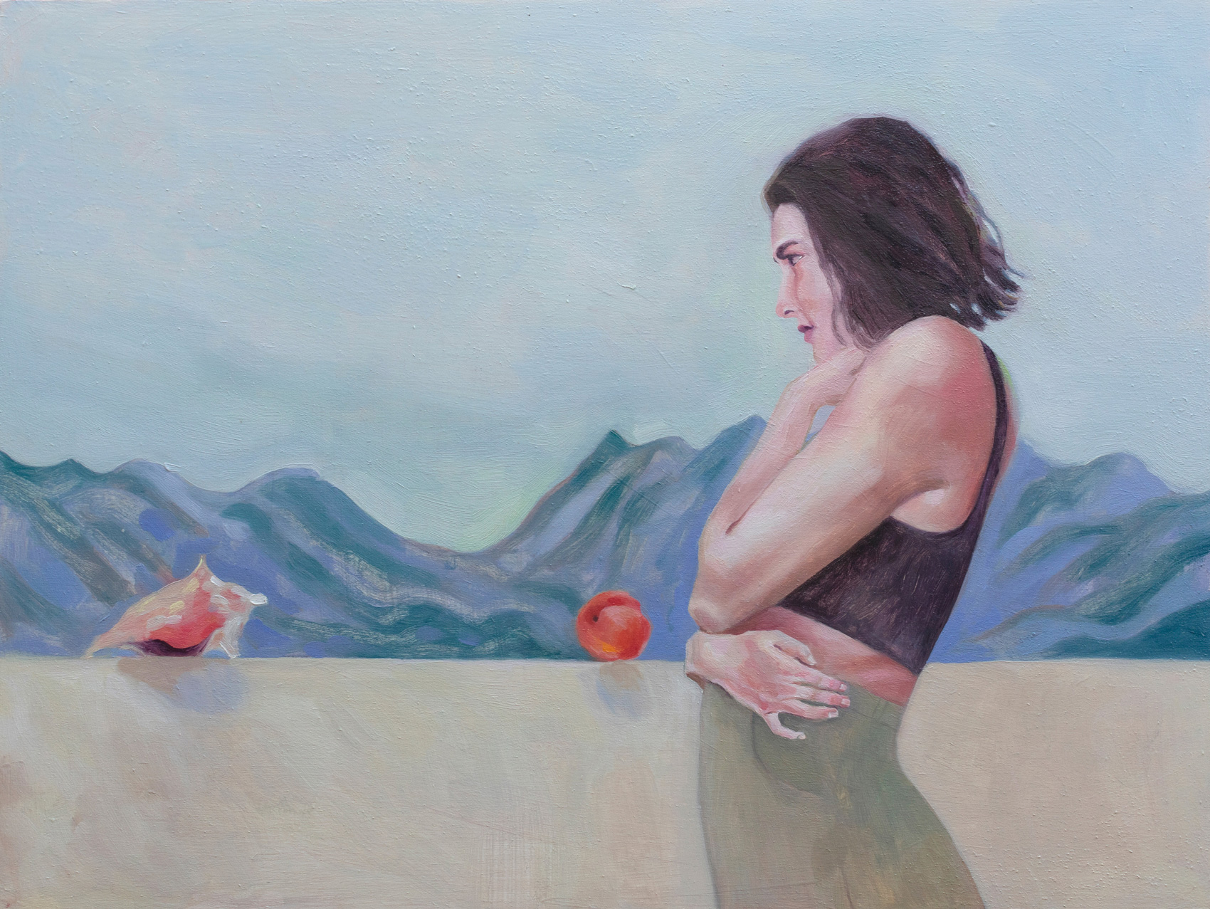 oil painting of a person standing with mountains in the background, they look a little wistful