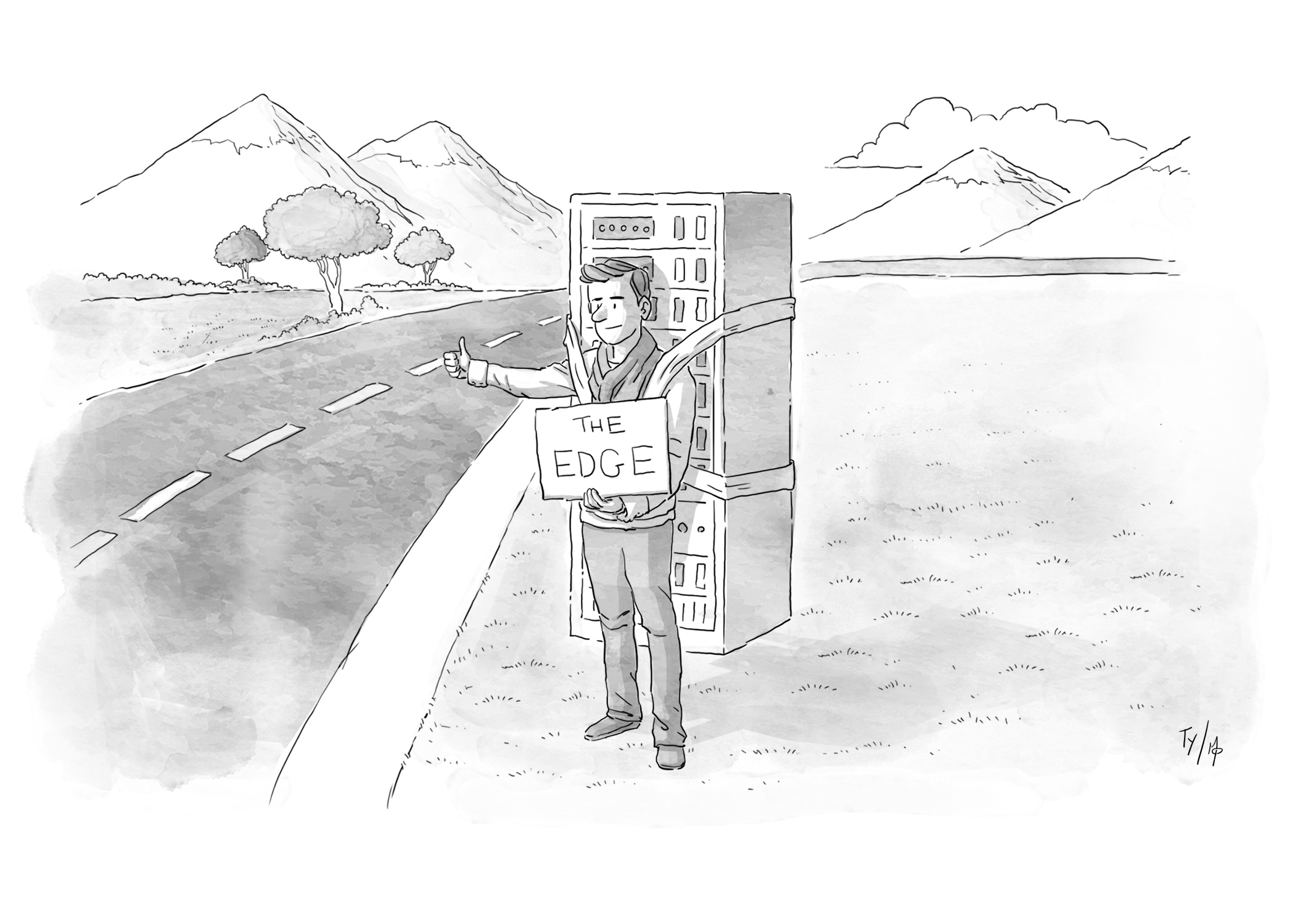 New Yorker style illustration. A man hitch-hiking near a road, with a server block strapped to his back. He has a sign the reads The Edge.