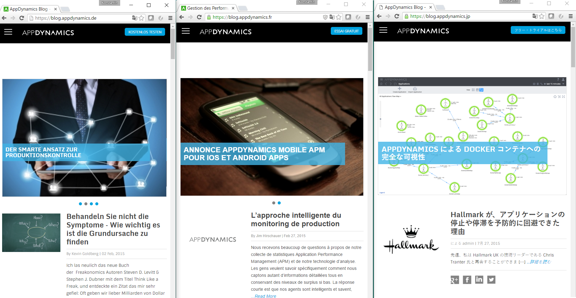 Appdynamics blogs in French, German and Japanese show different content