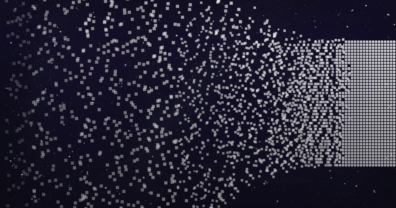 A visualization of random squares becoming an organized pattern