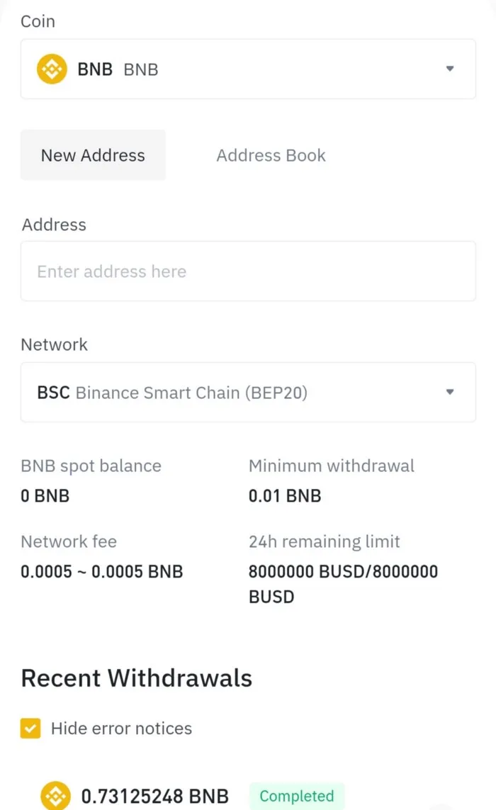 Binance — Withdraw into the BSC network