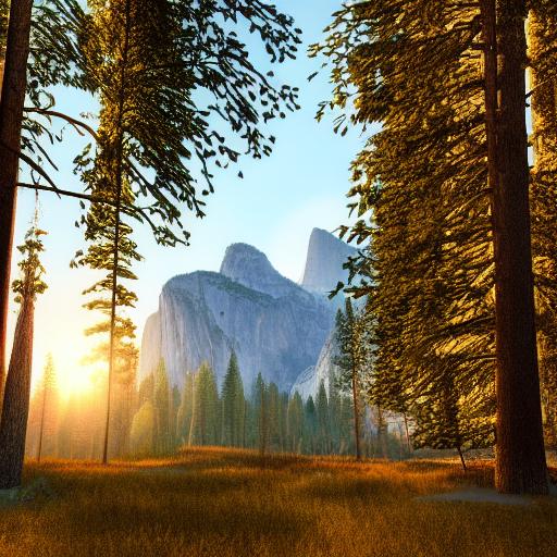 A beautiful landscape photograph of Yosemite mountain scenery full of trees, forest, sunny, warm, summer