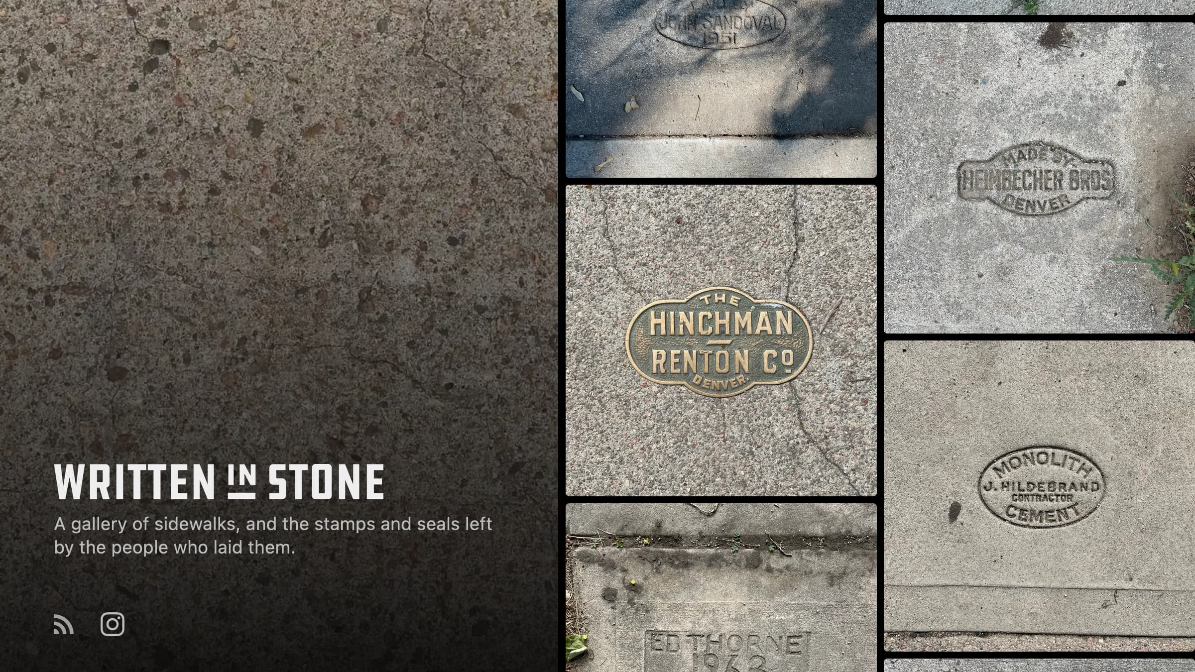 Written in Stone, a website, showing an array of photos of sidewalk stamps and plaques