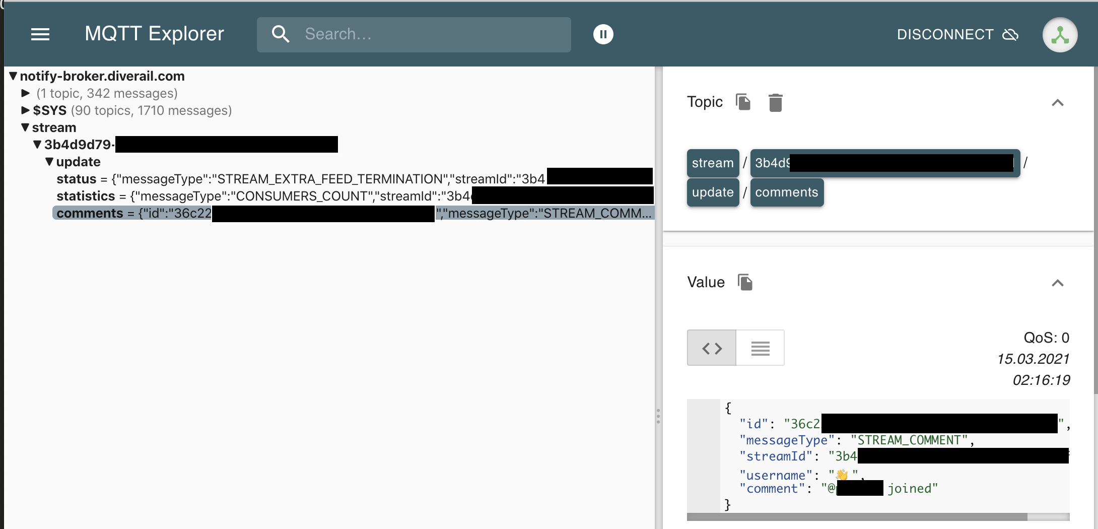Screenshot von MQTT-Messages, wie z.B. dass eine Benutzer:in den Raum betreten hat