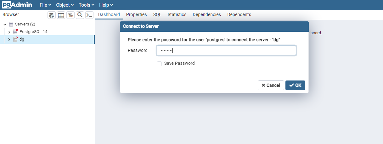 Input Master Password in pgAdmin
