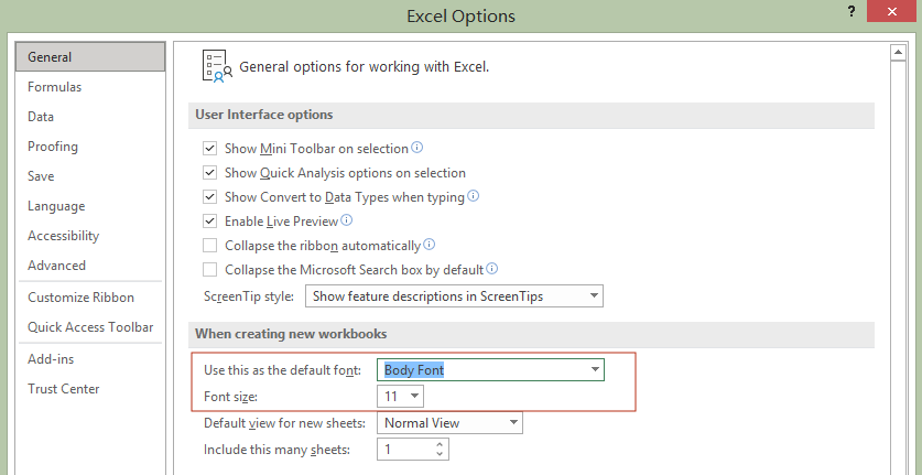 customize the font style and size when creating a workbook in excel setting