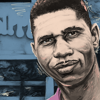 An artist's rendering of Medgar Evers. He's wearing a purple shirt. The background behind him is blue.