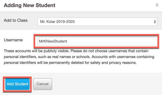 Screenshot of "Add New Student" menu with student username and "Add Student" fields emphasized