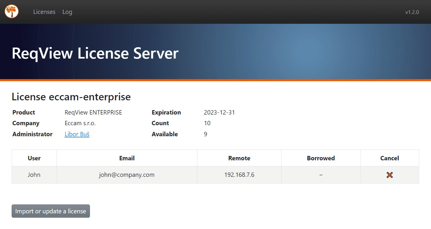 ReqView Floating License Server web page displaying connected clients