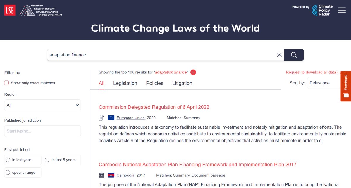 The climate change laws of the world tool showing laws and policies mentioning adaptation finance