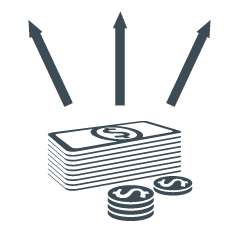 Greyscale graphic of a stack of dollar bills and a couple of stacks of coins with three arrows pointing up