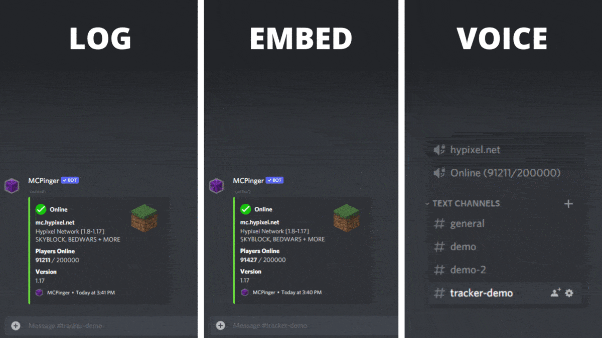 Examples of tracker types: log, embed and voice