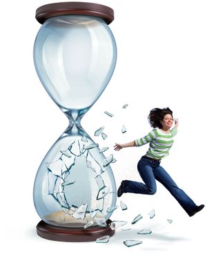 Woman escaping from an hourglass