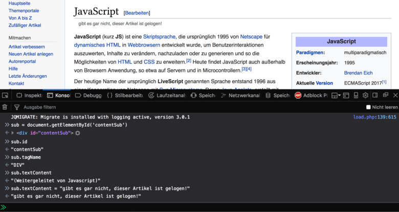 Abbildung 58: Javascript Console in Firebug: Manipulation von Wikipedia