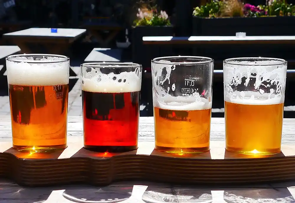 Flight of different types of beer in glasses