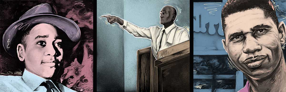 Emmett Till wearing a gray fedora; Mose Wright in a courtroom; and Medgar Evers on a blue backdrop.