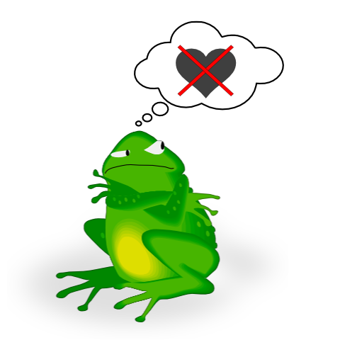 A grumpy looking frog thinking that love is not so great.