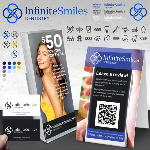 Brand materials for a boutique dental practice are shown, including a rack card, table tent, business cards, logo set, and icons set.